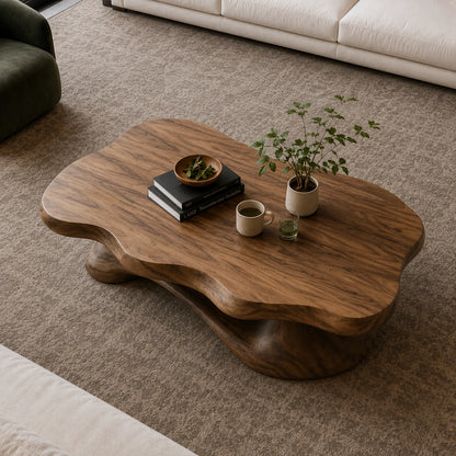 Designer coffee table with fluid silhouette and handcrafted solid wood base for lounges
