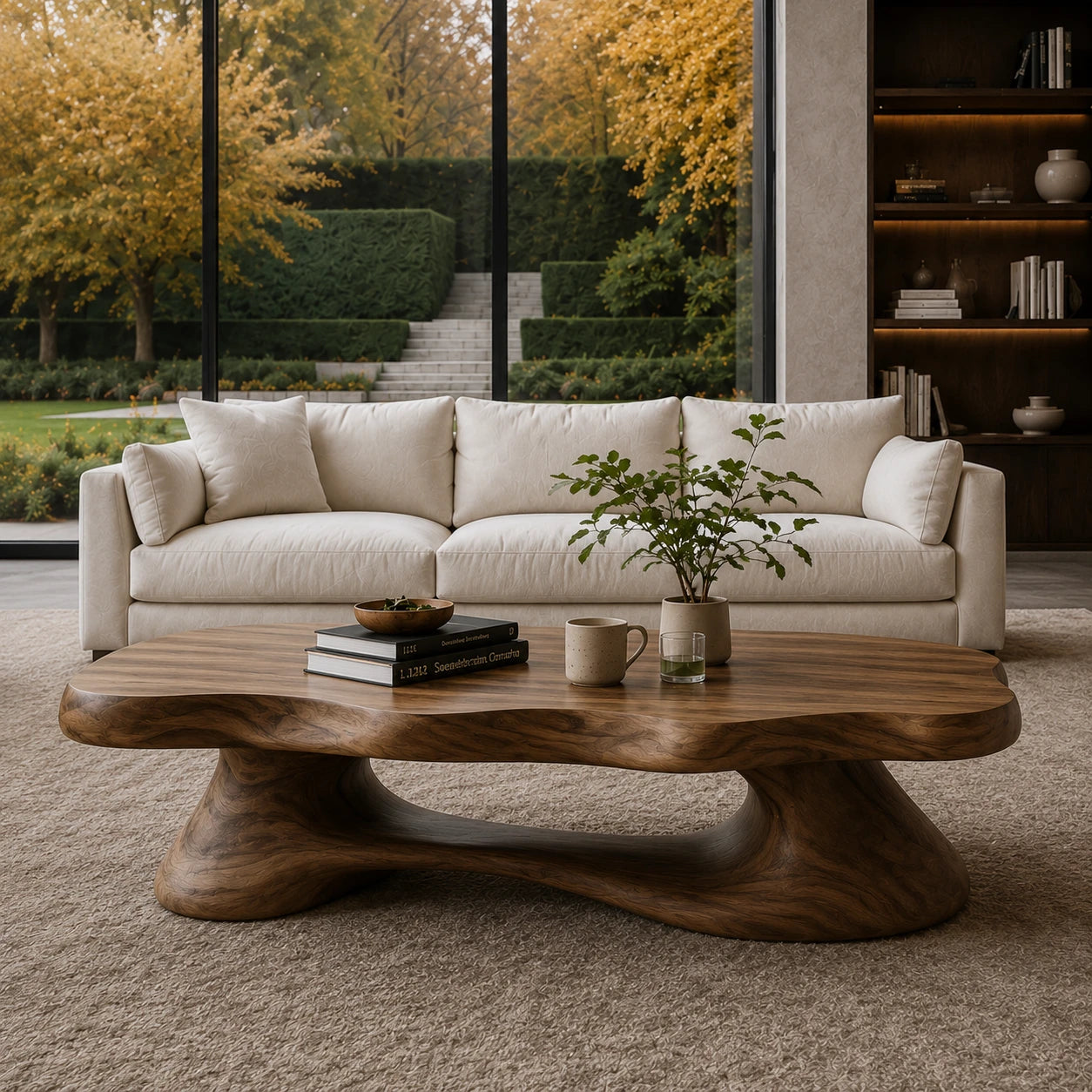 Freeform coffee table with smooth edges and bold solid wood foundation for modern rooms