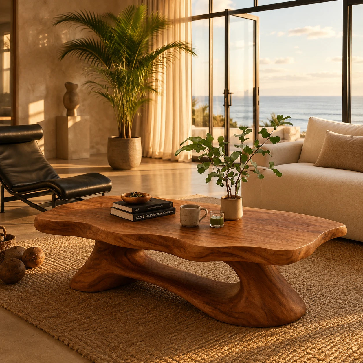 Living room coffee table with broad curved top and sculpted base for modern interiors