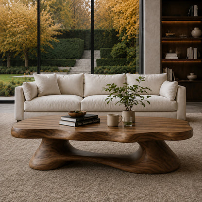 Sculptural coffee table with broad organic top and handcrafted base for upscale spaces