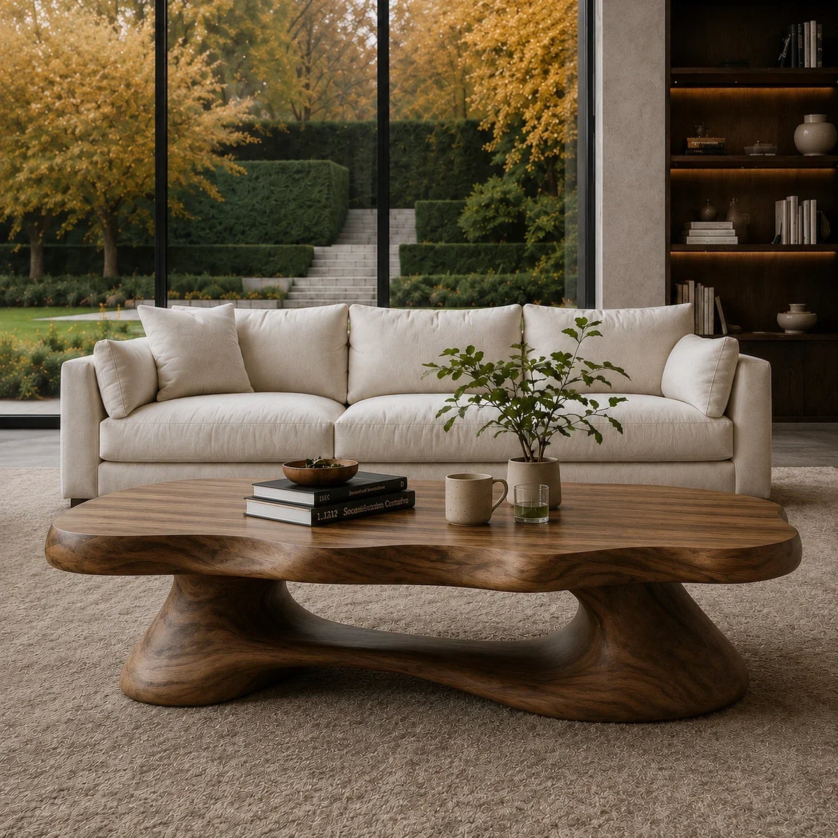 Sculptural coffee table with broad organic top and handcrafted base for upscale spaces