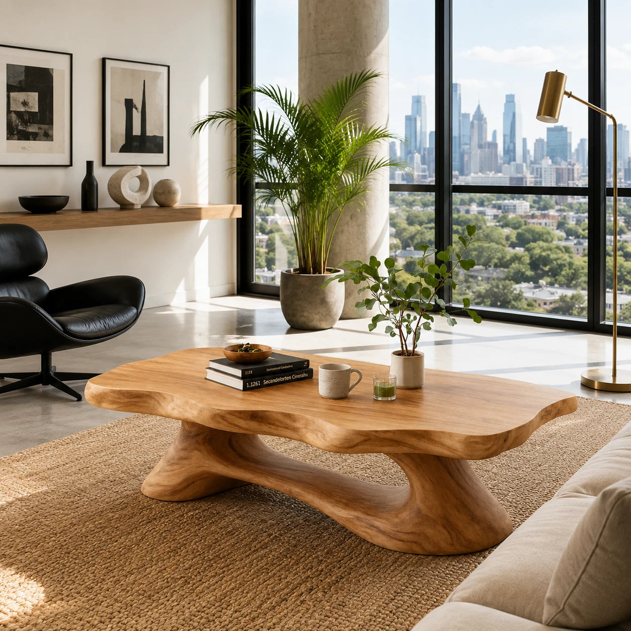 Statement coffee table with asymmetrical top and bold solid wood support for modern rooms