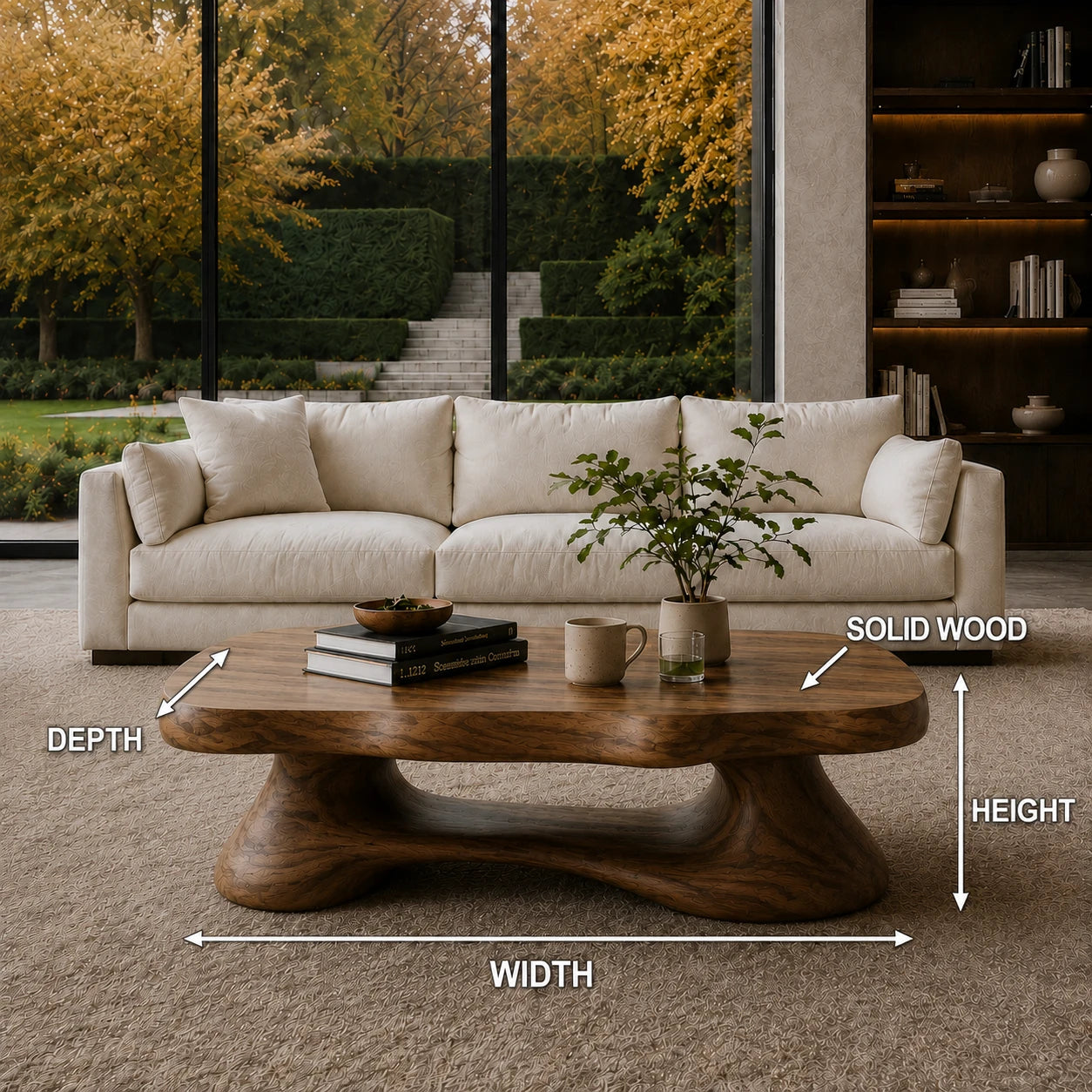 Artisan coffee table with organic form and handcrafted solid wood base for calm rooms