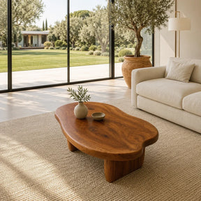Organic coffee table with rounded freeform top and low block legs in a bright garden room