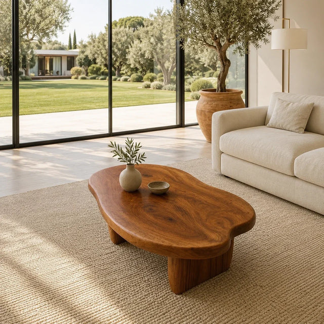 Organic coffee table with rounded freeform top and low block legs in a bright garden room