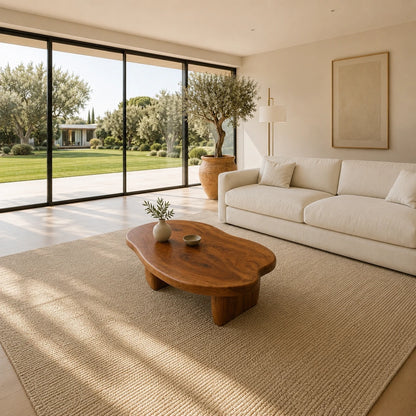 Handcrafted solid wood coffee table with soft curves and substantial low-profile supports