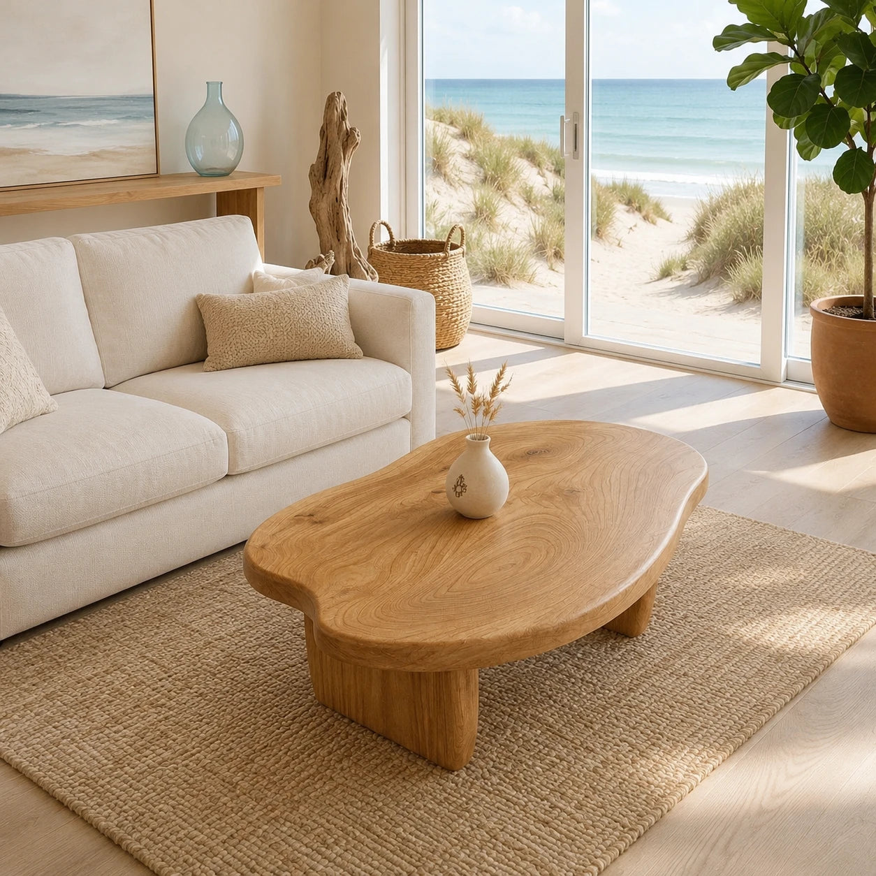 Statement coffee table with freeform top and bold solid wood supports for modern interiors