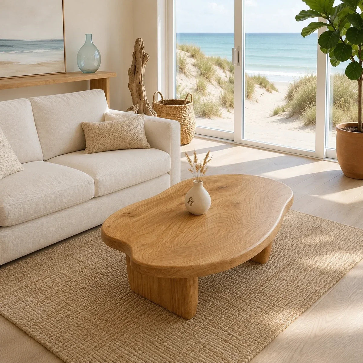 Statement coffee table with freeform top and bold solid wood supports for modern interiors