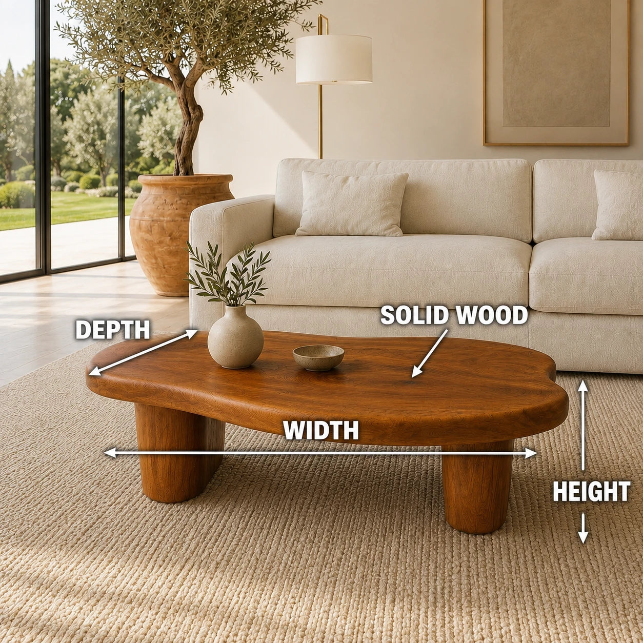 Artisan coffee table with natural flowing lines and a handcrafted solid wood foundation