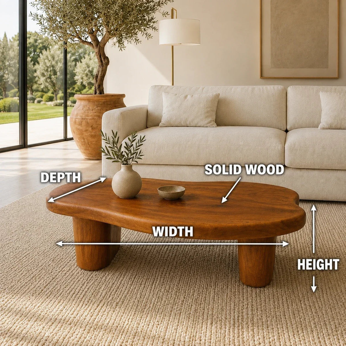 Artisan coffee table with natural flowing lines and a handcrafted solid wood foundation