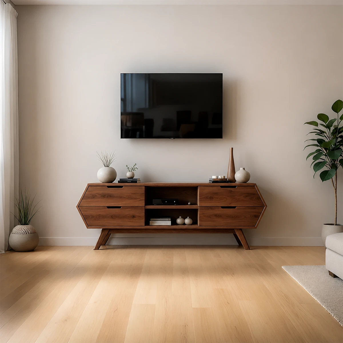 Geometric Angular TV Stand Solid Wood Storage Console Open Shelf - ArborisWood - 12