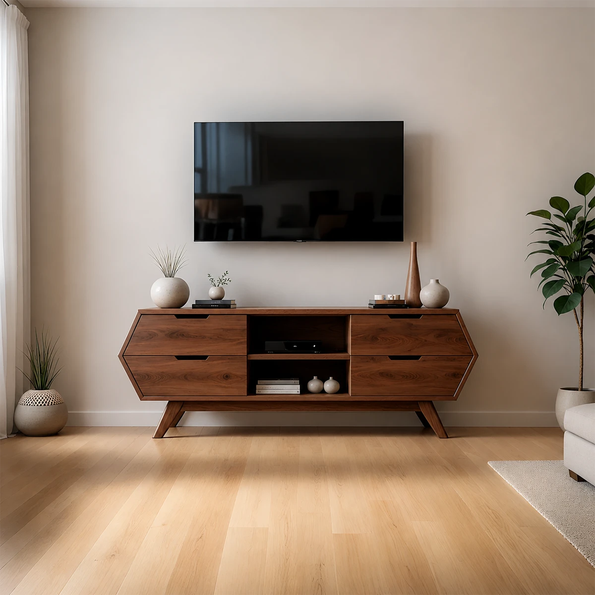 Geometric Angular TV Stand Solid Wood Storage Console Open Shelf - ArborisWood - 13