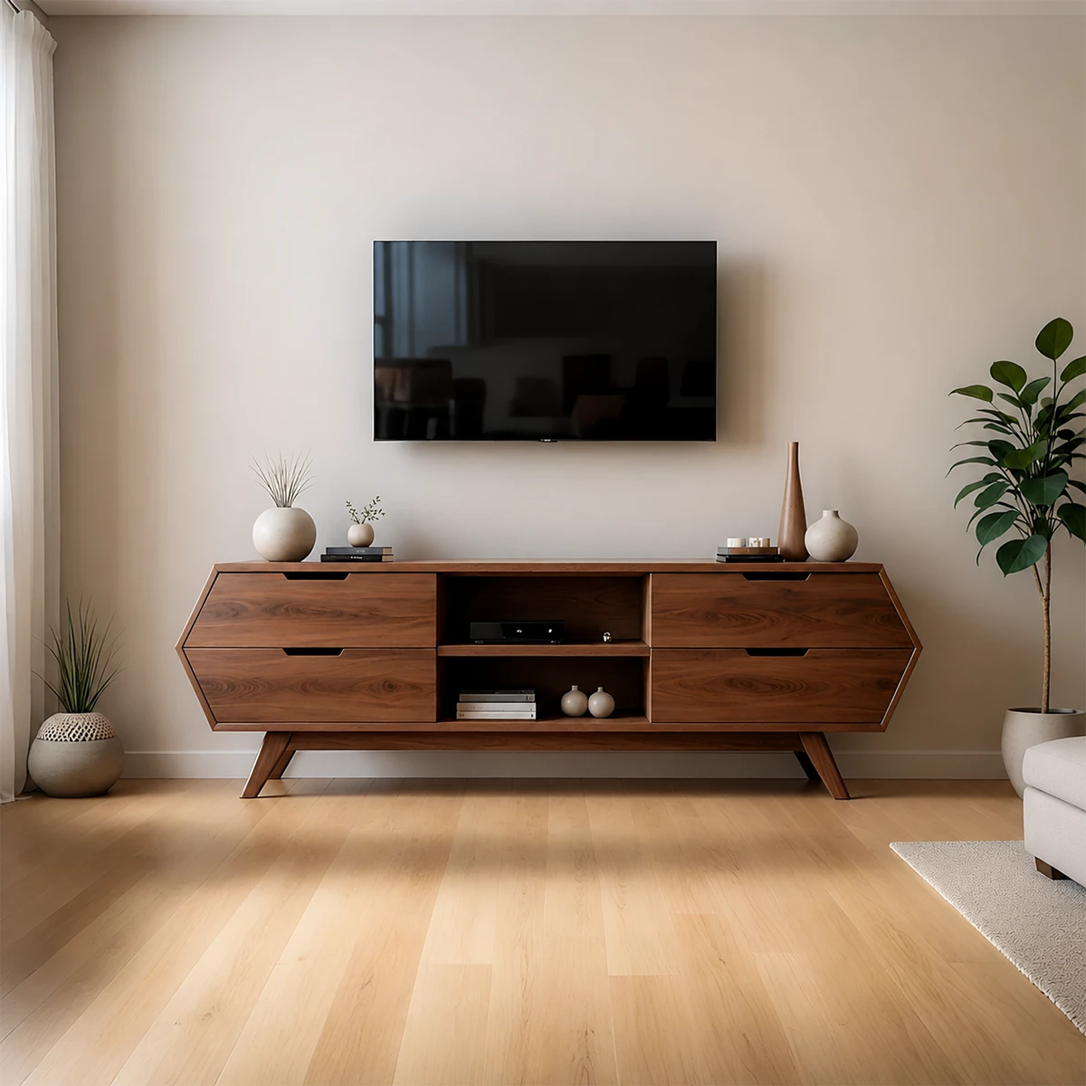 Geometric Angular TV Stand Solid Wood Storage Console Open Shelf - ArborisWood - 14