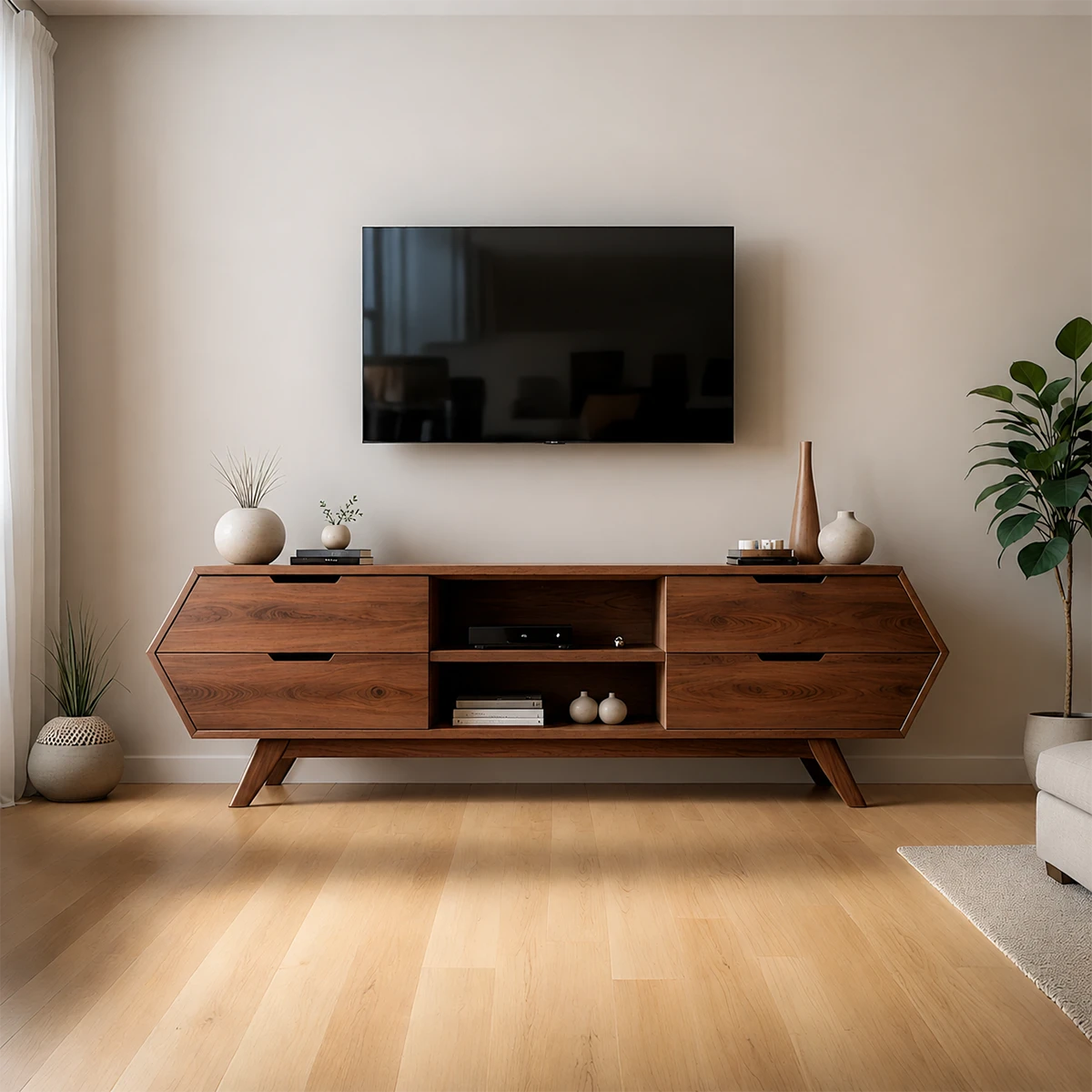 Geometric Angular TV Stand Solid Wood Storage Console Open Shelf - ArborisWood - 15