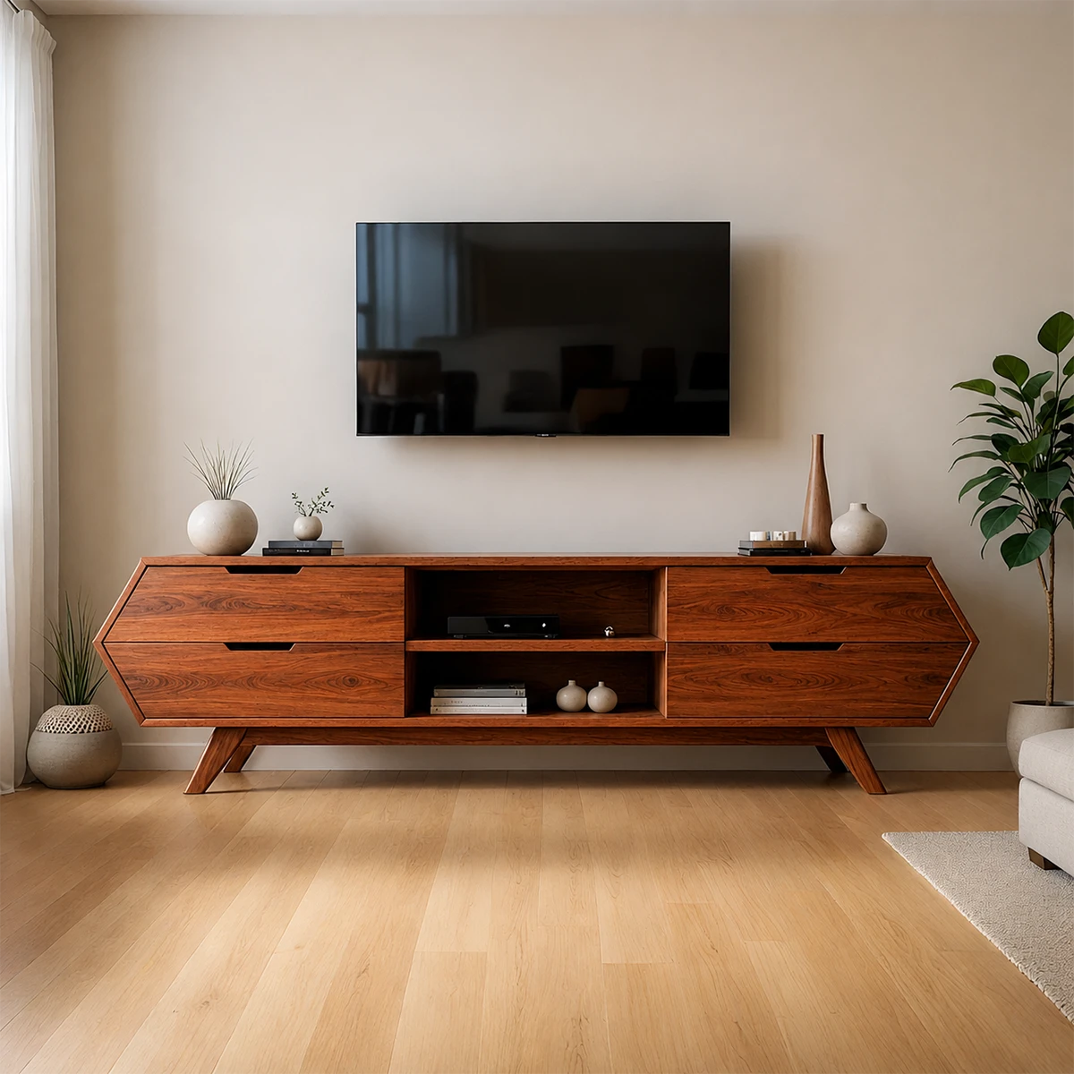 Geometric Angular TV Stand Solid Wood Storage Console Open Shelf - ArborisWood - 7