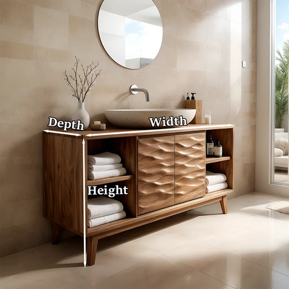 Hand-Carved Natural Solid Wood Bathroom Vanity With Open Shelves - ArborisWood - 13