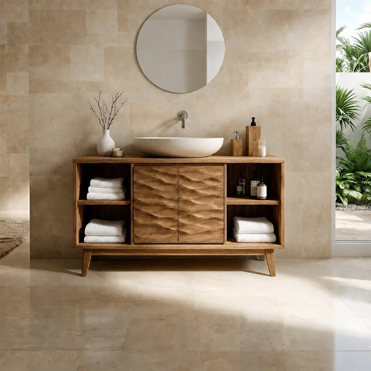 Hand-Carved Natural Solid Wood Bathroom Vanity With Open Shelves - Arboriswood - 15