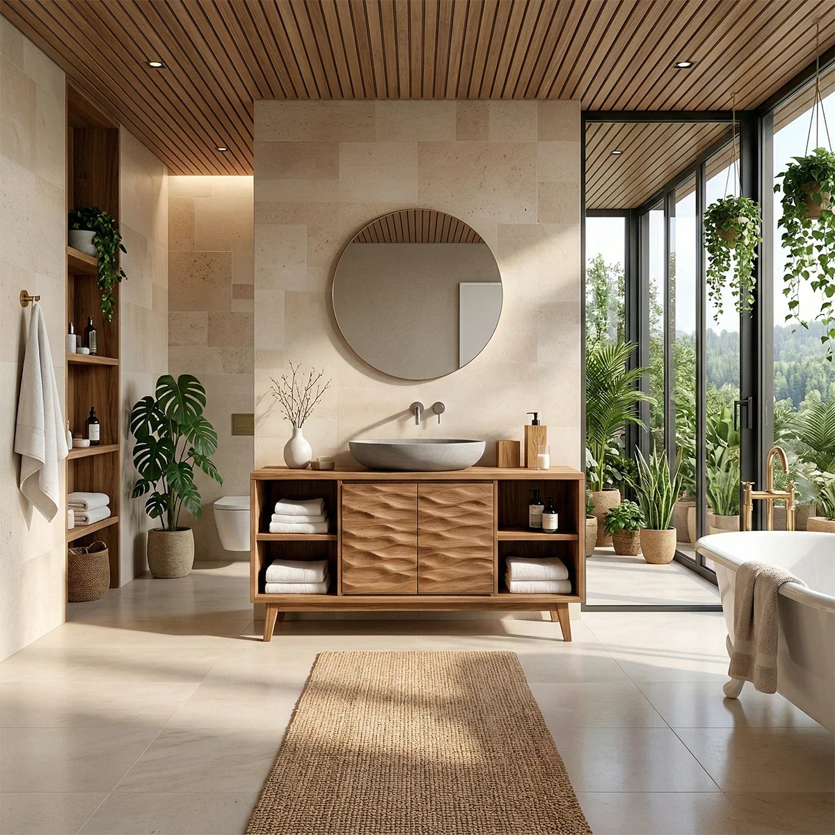 Hand-Carved Natural Solid Wood Bathroom Vanity With Open Shelves - ArborisWood - 3