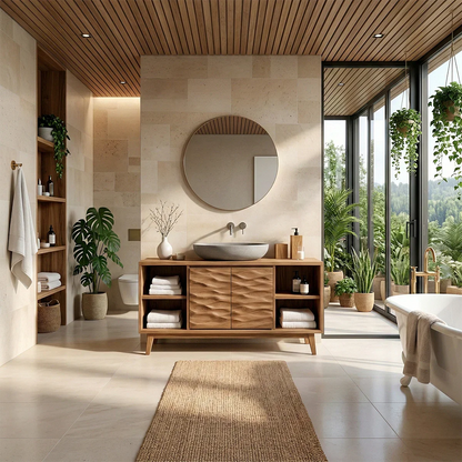 Hand-Carved Natural Solid Wood Bathroom Vanity With Open Shelves - ArborisWood - 3
