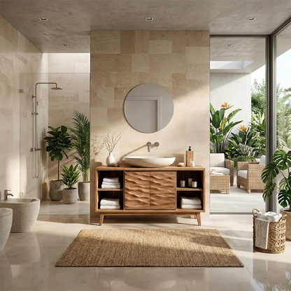 Hand-Carved Natural Solid Wood Bathroom Vanity With Open Shelves - ArborisWood - 4