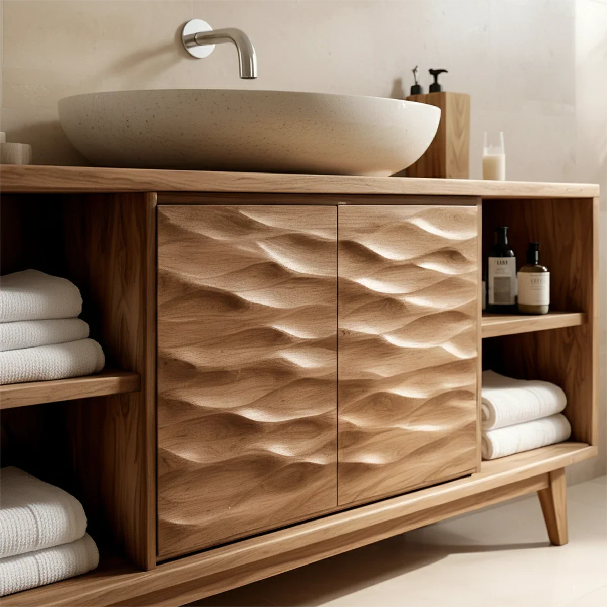 Hand-Carved Natural Solid Wood Bathroom Vanity With Open Shelves - ArborisWood - 5