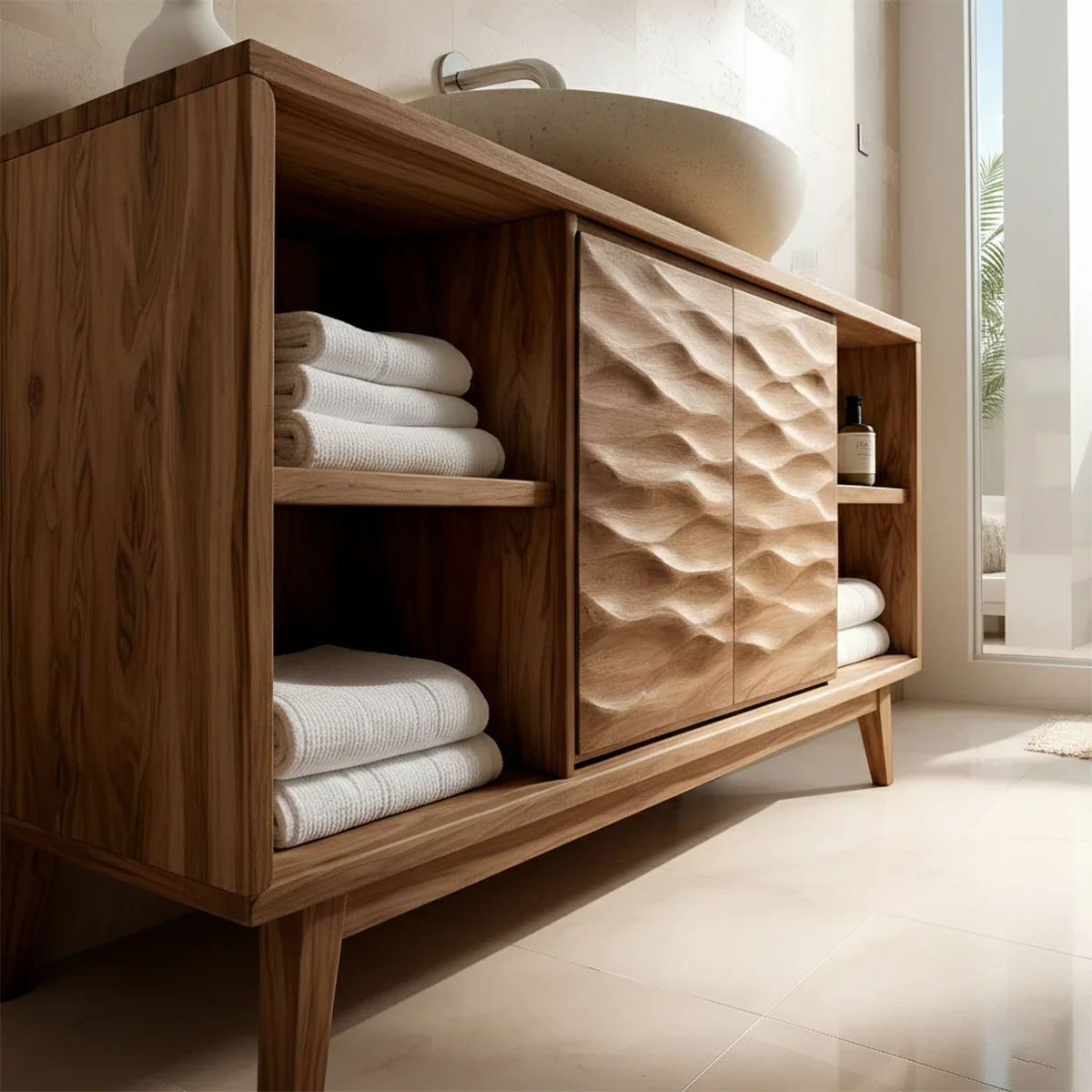 Hand-Carved Natural Solid Wood Bathroom Vanity With Open Shelves - ArborisWood - 6