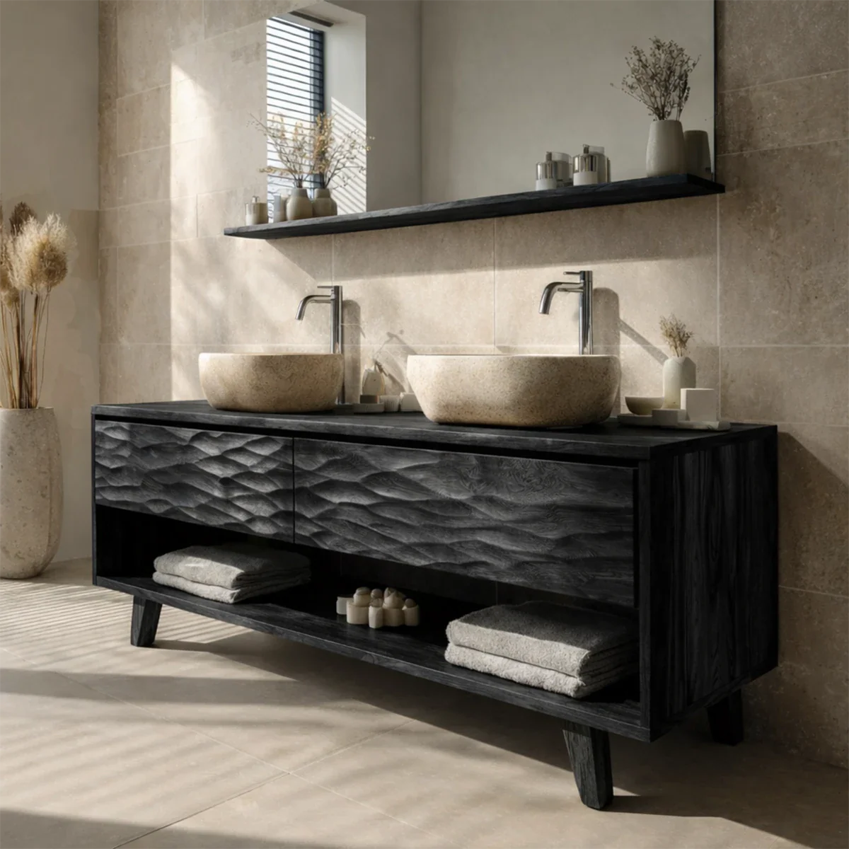 Hand-Carved Natural Solid Wood Double Sink Bathroom Vanity - ArborisWood - 10