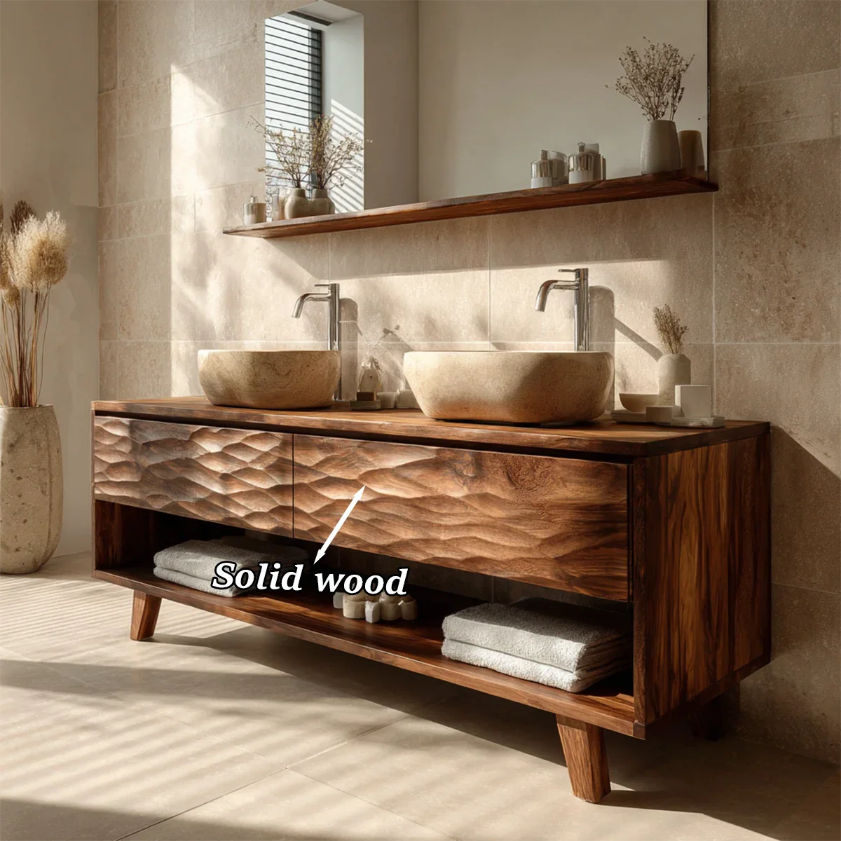 Hand-Carved Natural Solid Wood Double Sink Bathroom Vanity - ArborisWood - 11