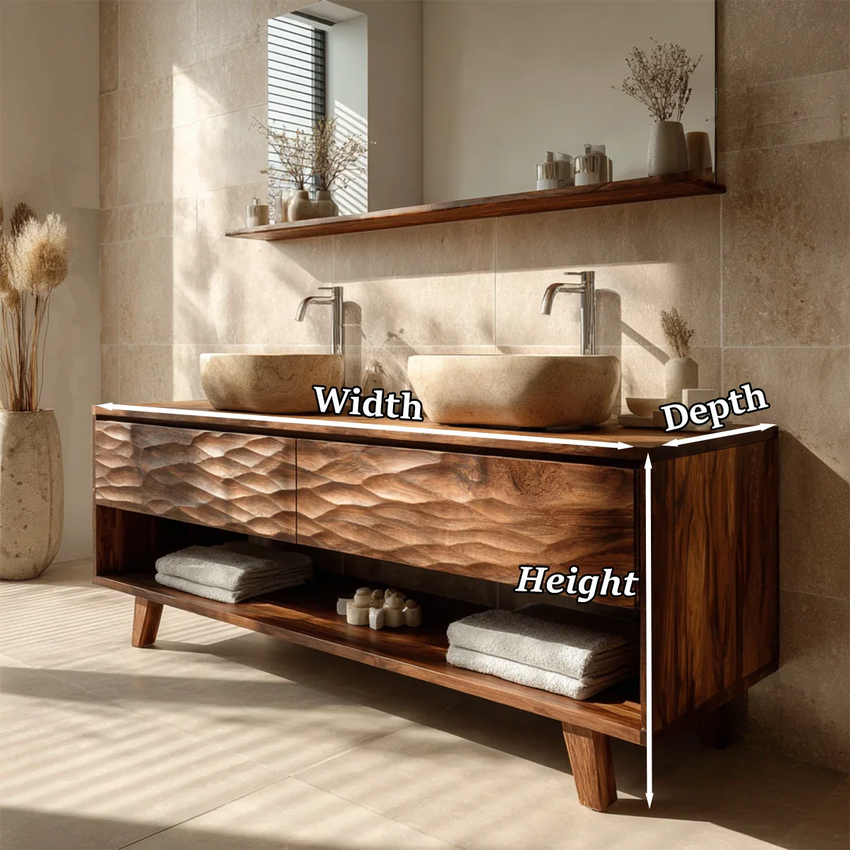 Hand-Carved Natural Solid Wood Double Sink Bathroom Vanity - ArborisWood - 12