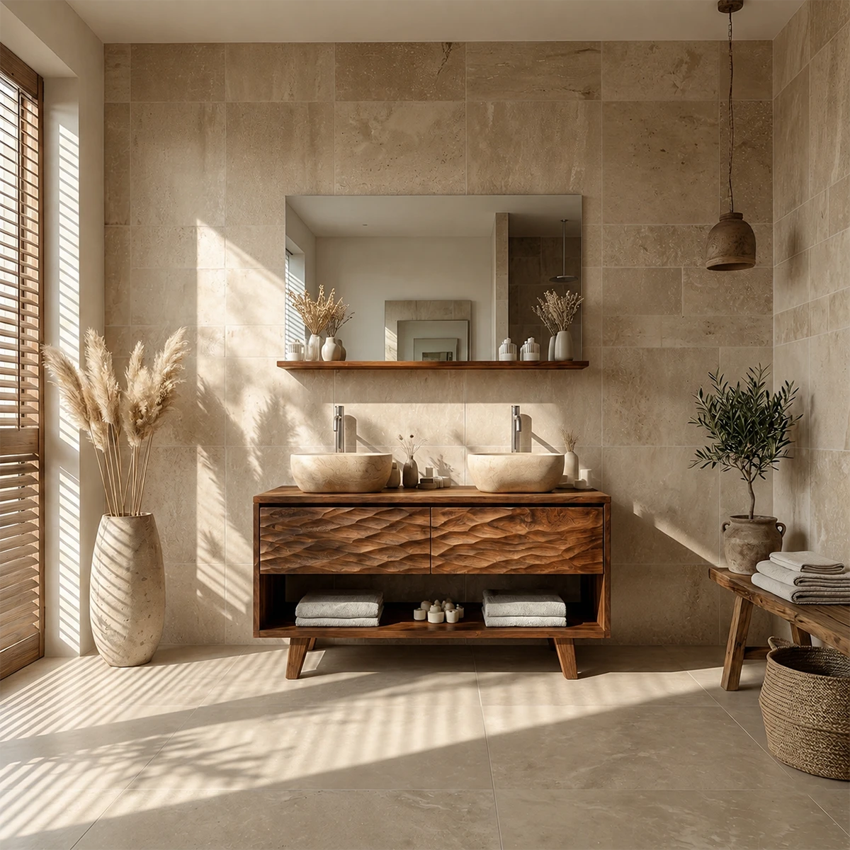 Hand-Carved Natural Solid Wood Double Sink Bathroom Vanity - ArborisWood - 13