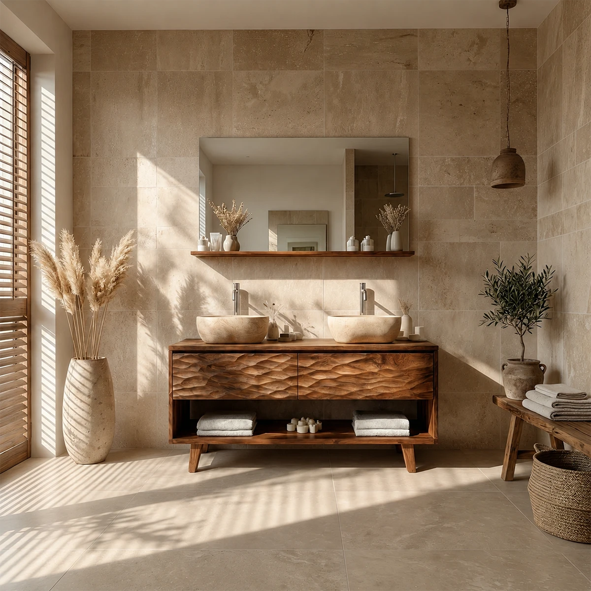 Hand-Carved Natural Solid Wood Double Sink Bathroom Vanity - ArborisWood - 14