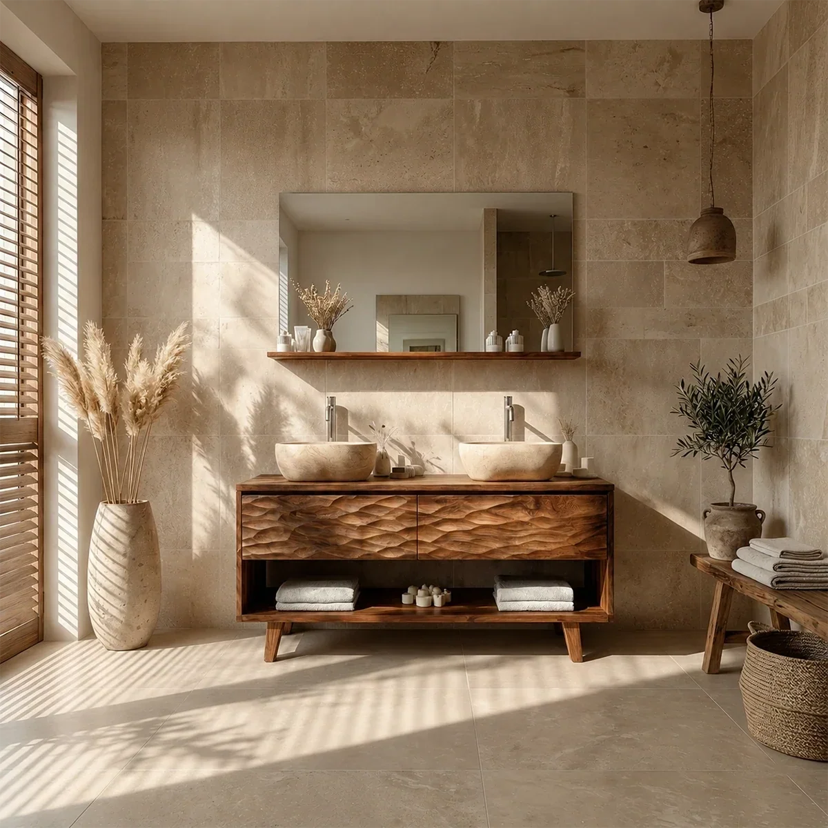Hand-Carved Natural Solid Wood Double Sink Bathroom Vanity - Arboriswood - 14
