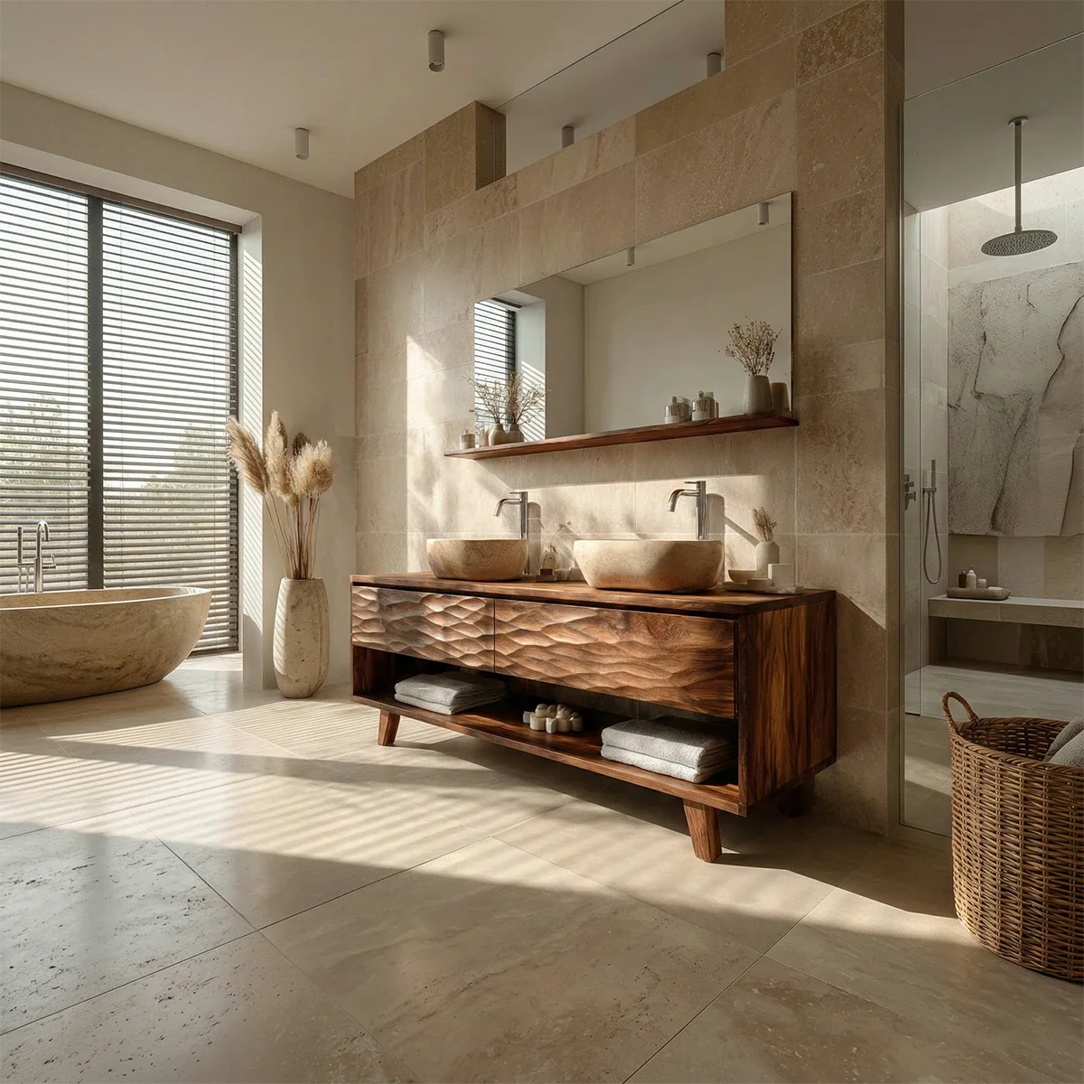 Hand-Carved Natural Solid Wood Double Sink Bathroom Vanity - ArborisWood - 2
