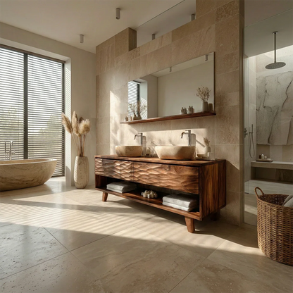 Hand-Carved Natural Solid Wood Double Sink Bathroom Vanity - ArborisWood - 2