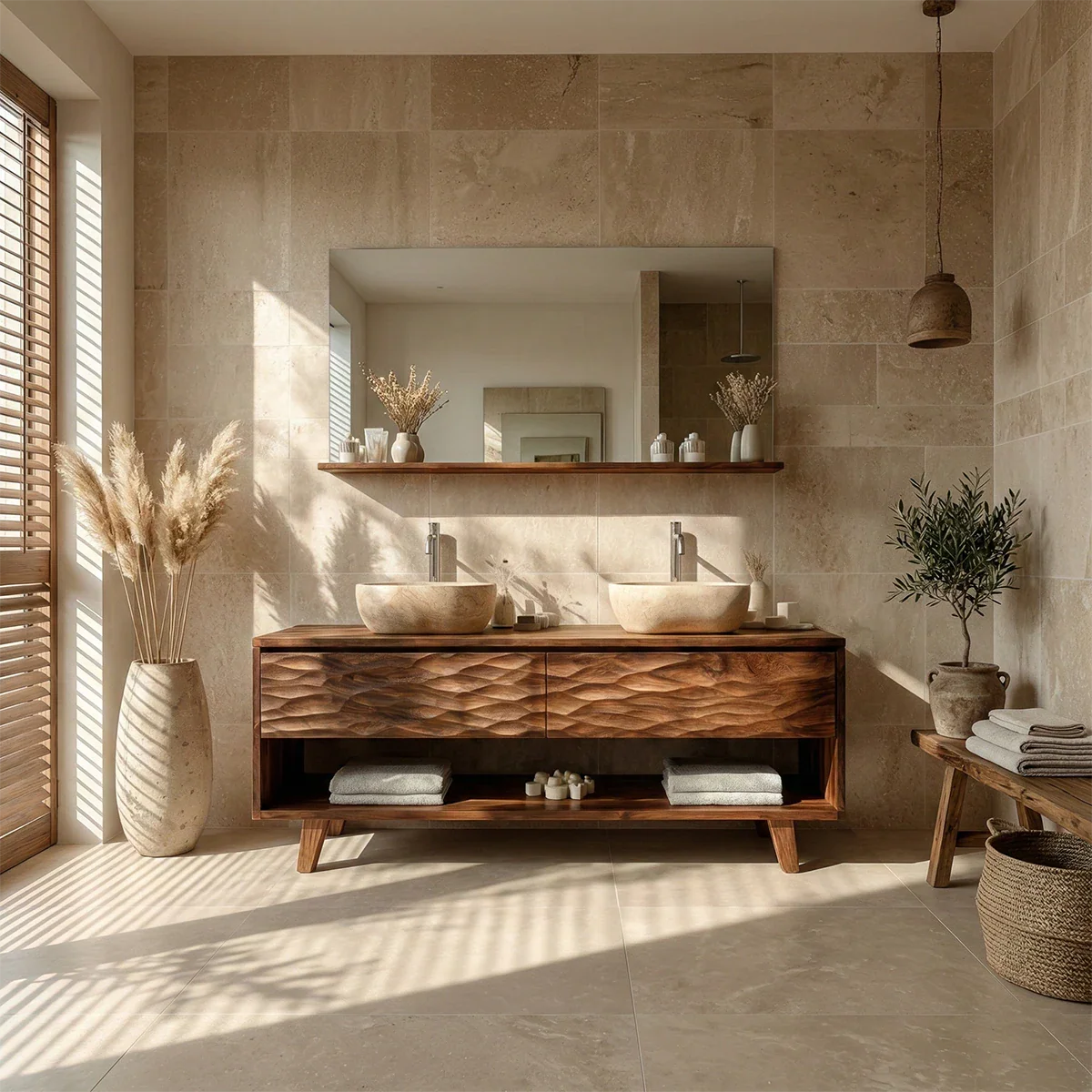 Hand-Carved Natural Solid Wood Double Sink Bathroom Vanity - ArborisWood - 3