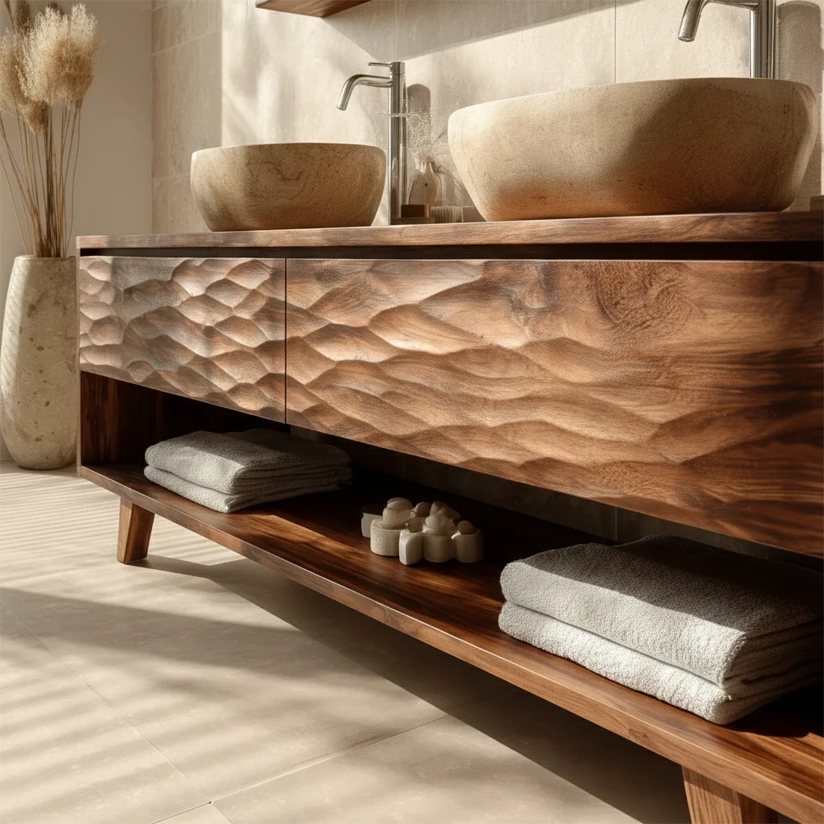 Hand-Carved Natural Solid Wood Double Sink Bathroom Vanity - ArborisWood - 4