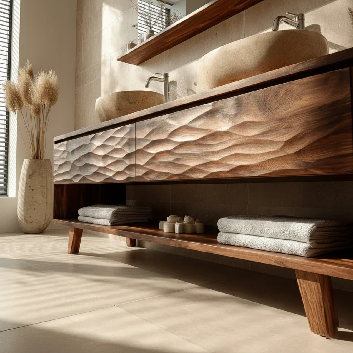 Hand-Carved Natural Solid Wood Double Sink Bathroom Vanity - ArborisWood - 5