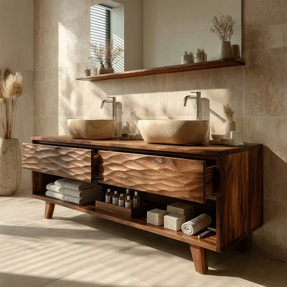 Hand-Carved Natural Solid Wood Double Sink Bathroom Vanity - ArborisWood - 7
