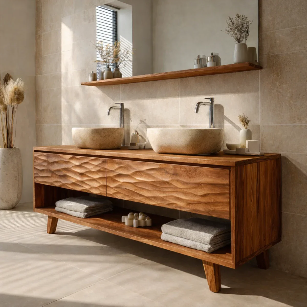 Hand-Carved Natural Solid Wood Double Sink Bathroom Vanity - ArborisWood - 8