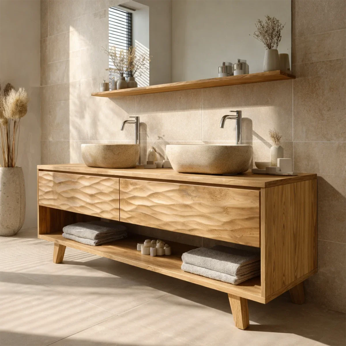 Hand-Carved Natural Solid Wood Double Sink Bathroom Vanity - ArborisWood - 9