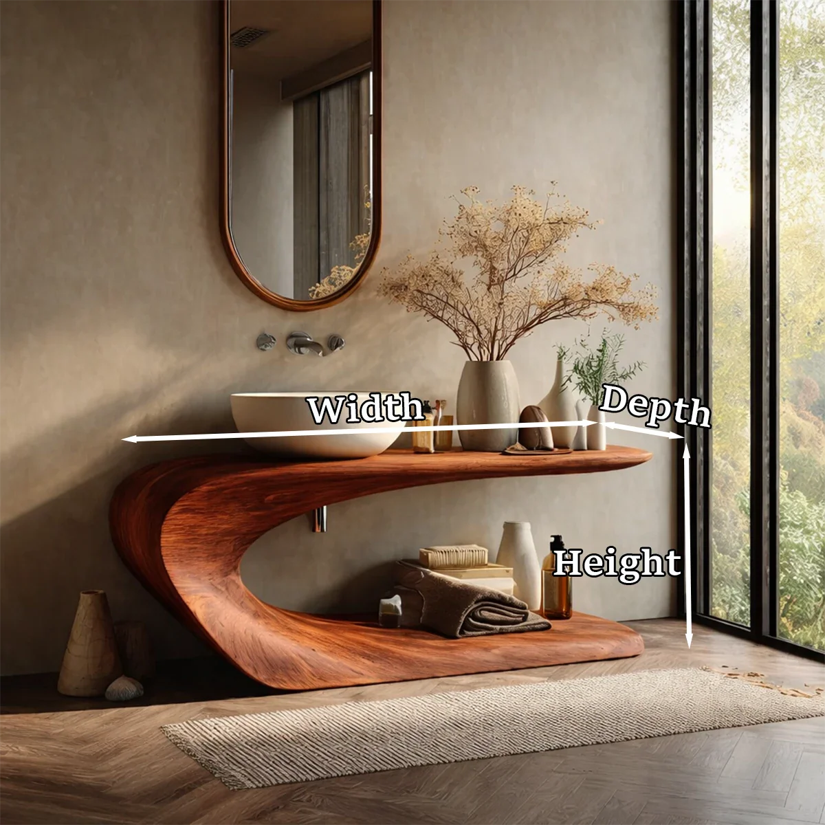 Integrated Shelf Bathroom Vanity Natural Solid Wood Curved Sculptural Form - ArborisWood - 10