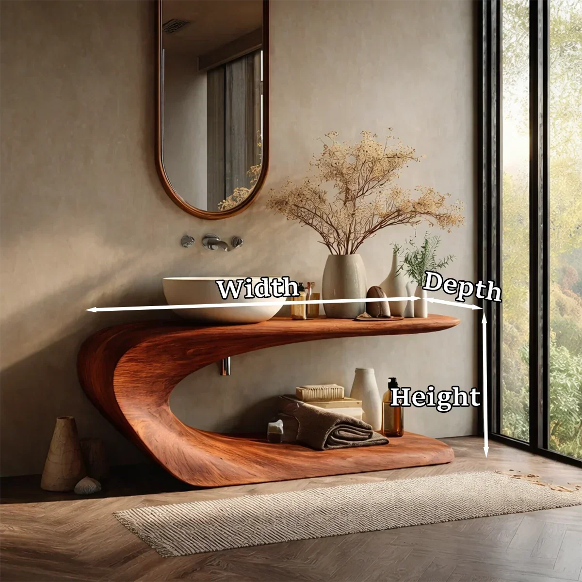 Integrated Shelf Bathroom Vanity Natural Solid Wood Curved Sculptural Form - ArborisWood - 10