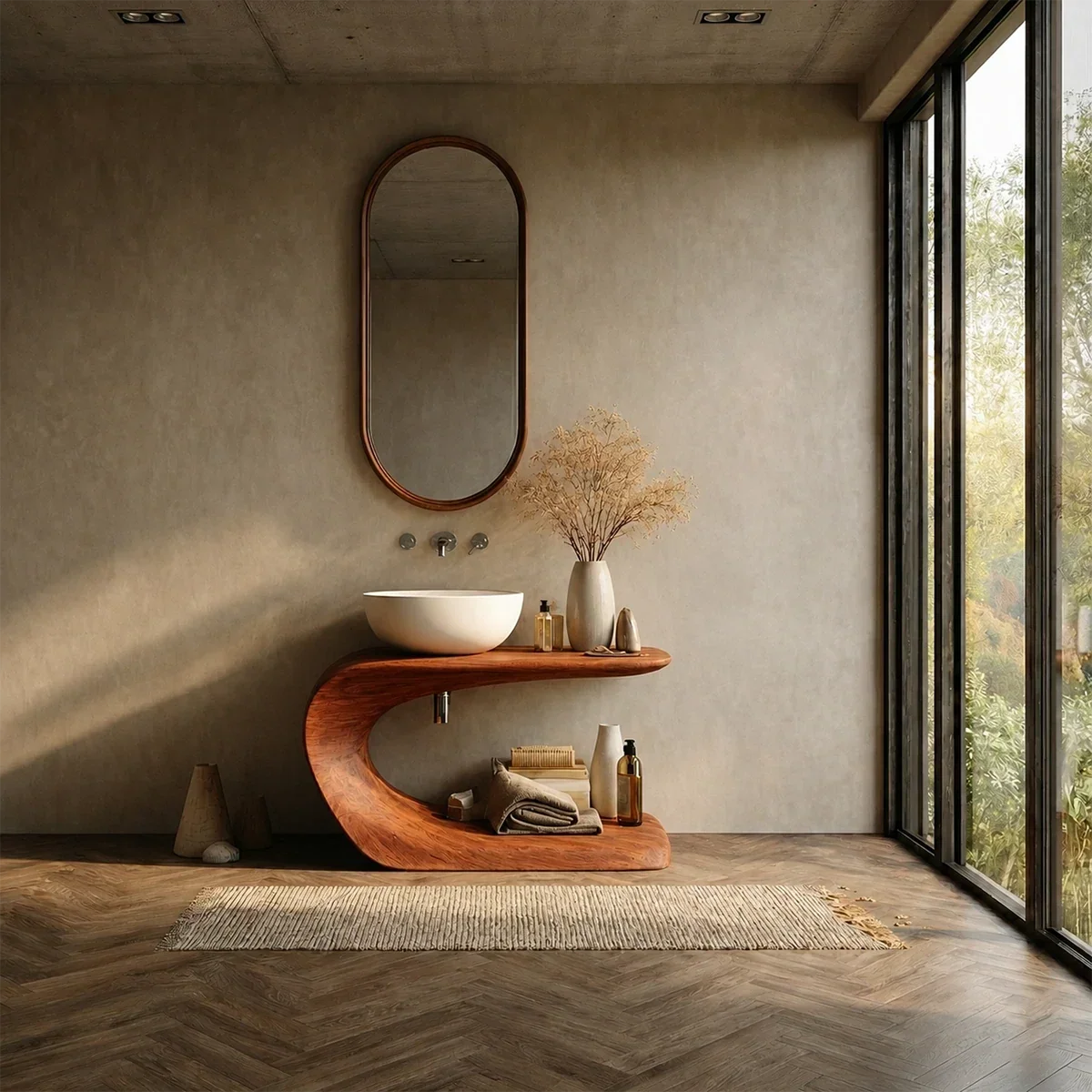 Integrated Shelf Bathroom Vanity Natural Solid Wood Curved Sculptural Form - ArborisWood - 11