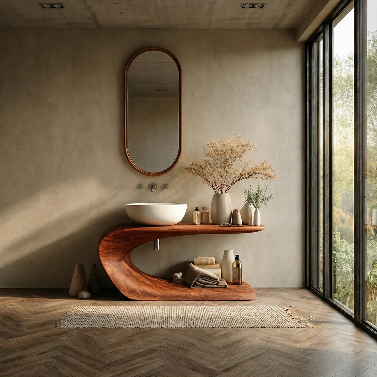 Integrated Shelf Bathroom Vanity Natural Solid Wood Curved Sculptural Form - ArborisWood - 12
