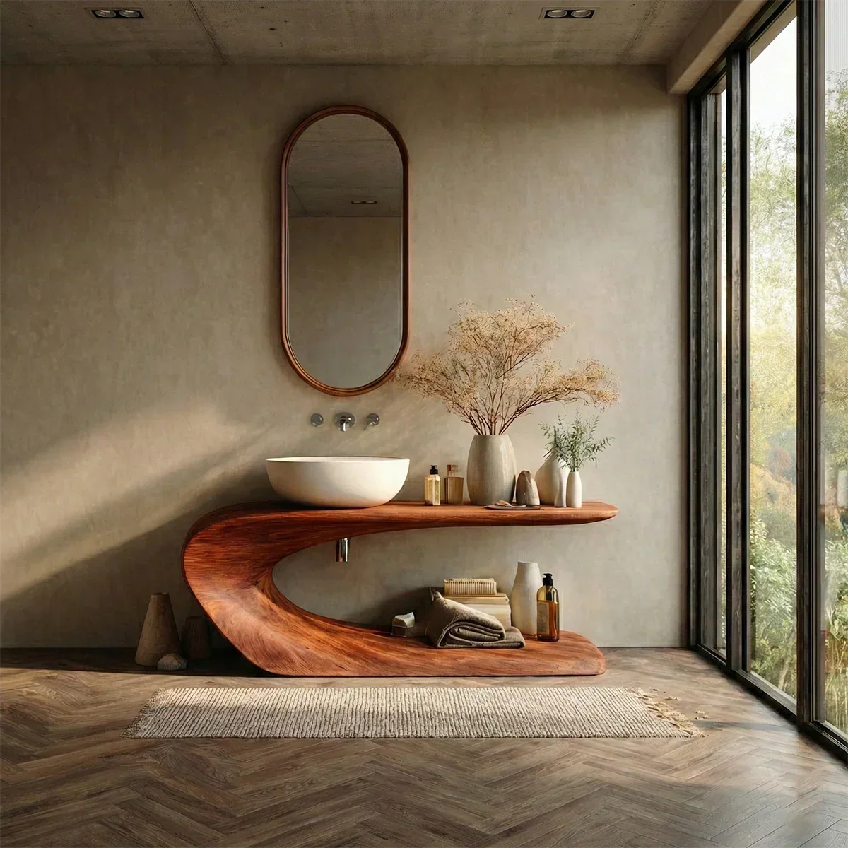 Integrated Shelf Bathroom Vanity Natural Solid Wood Curved Sculptural Form - ArborisWood - 2