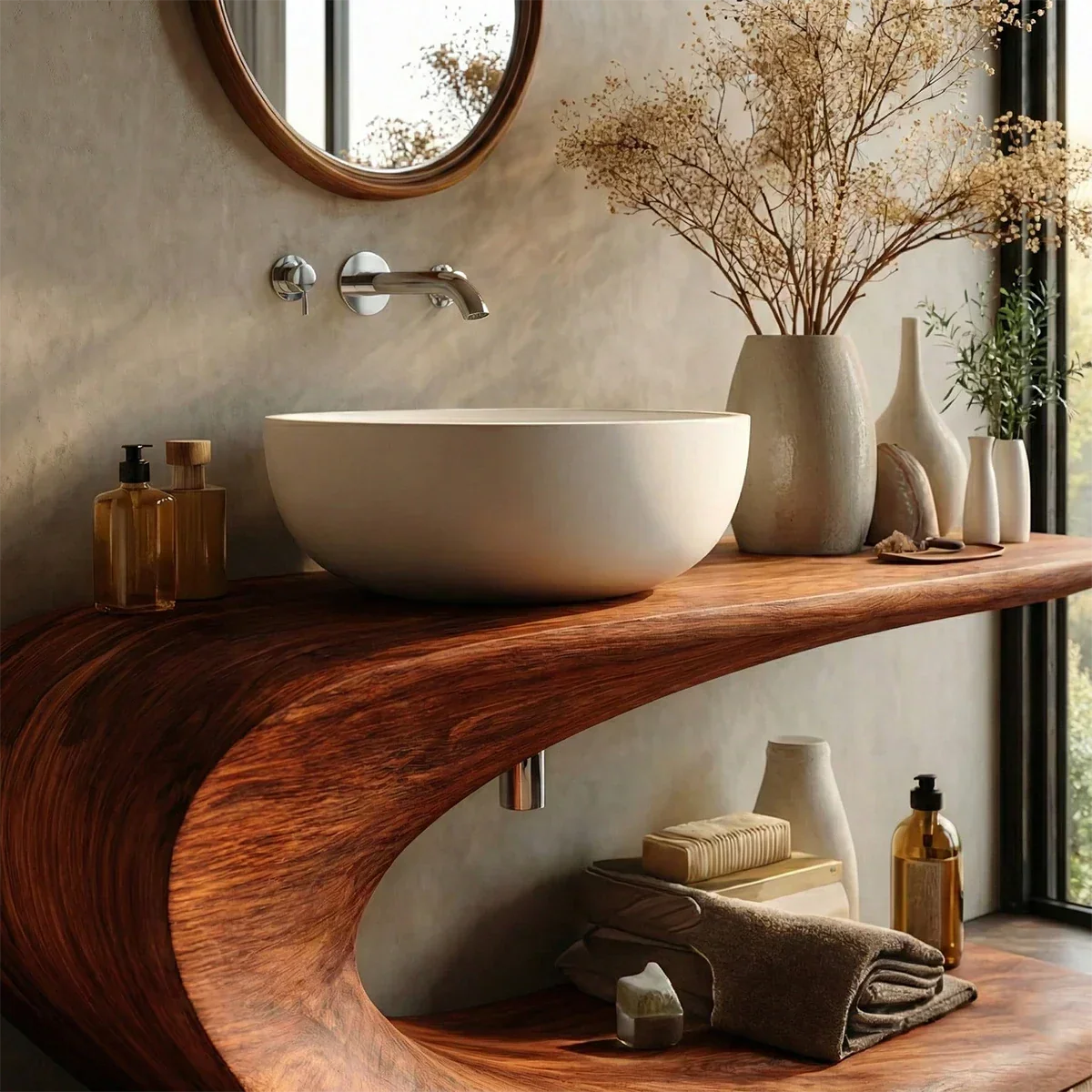 Integrated Shelf Bathroom Vanity Natural Solid Wood Curved Sculptural Form - ArborisWood - 3