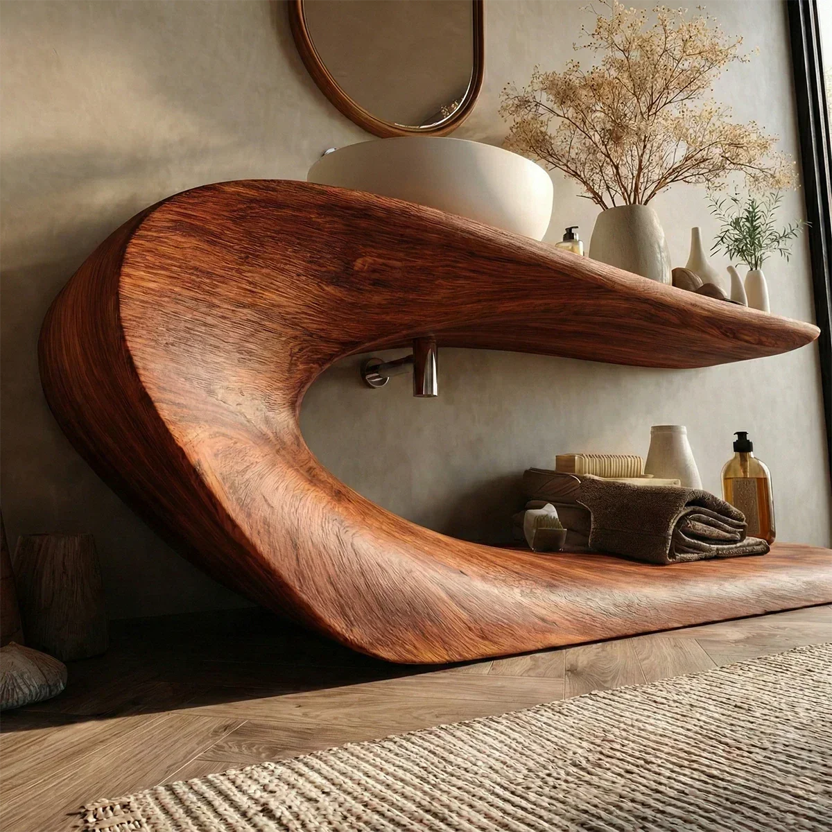 Integrated Shelf Bathroom Vanity Natural Solid Wood Curved Sculptural Form - ArborisWood - 4
