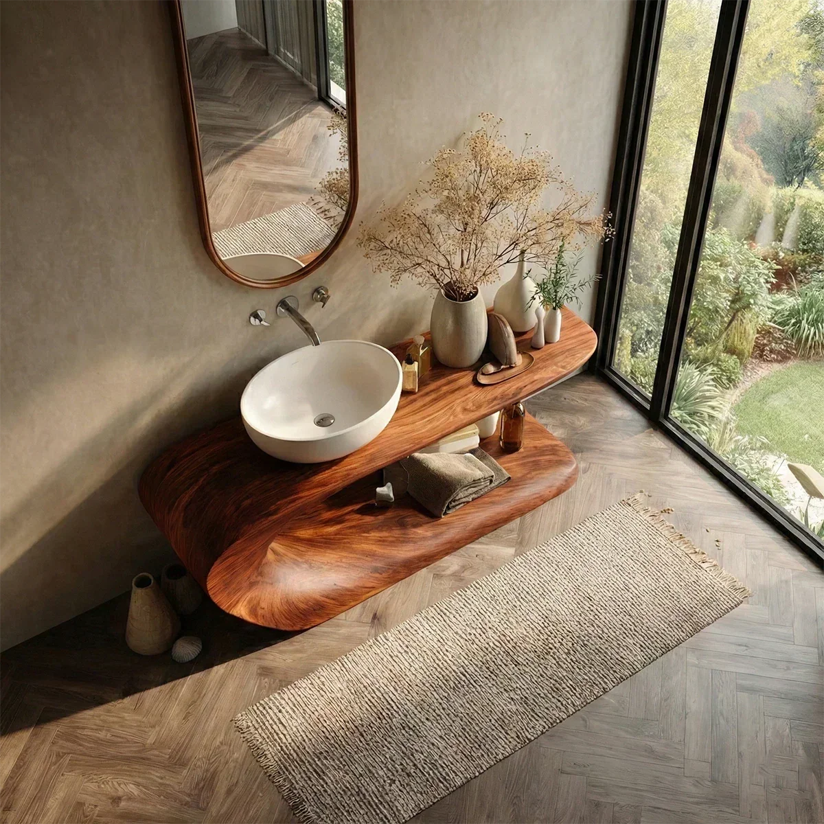 Integrated Shelf Bathroom Vanity Natural Solid Wood Curved Sculptural Form - ArborisWood - 5