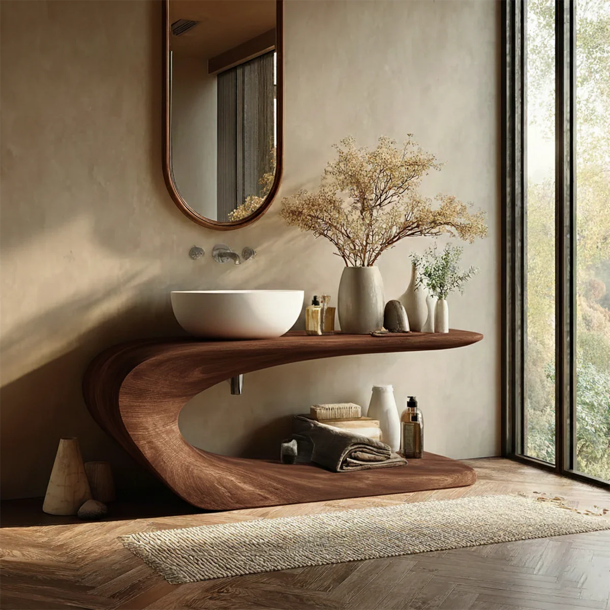 Integrated Shelf Bathroom Vanity Natural Solid Wood Curved Sculptural Form - ArborisWood - 6