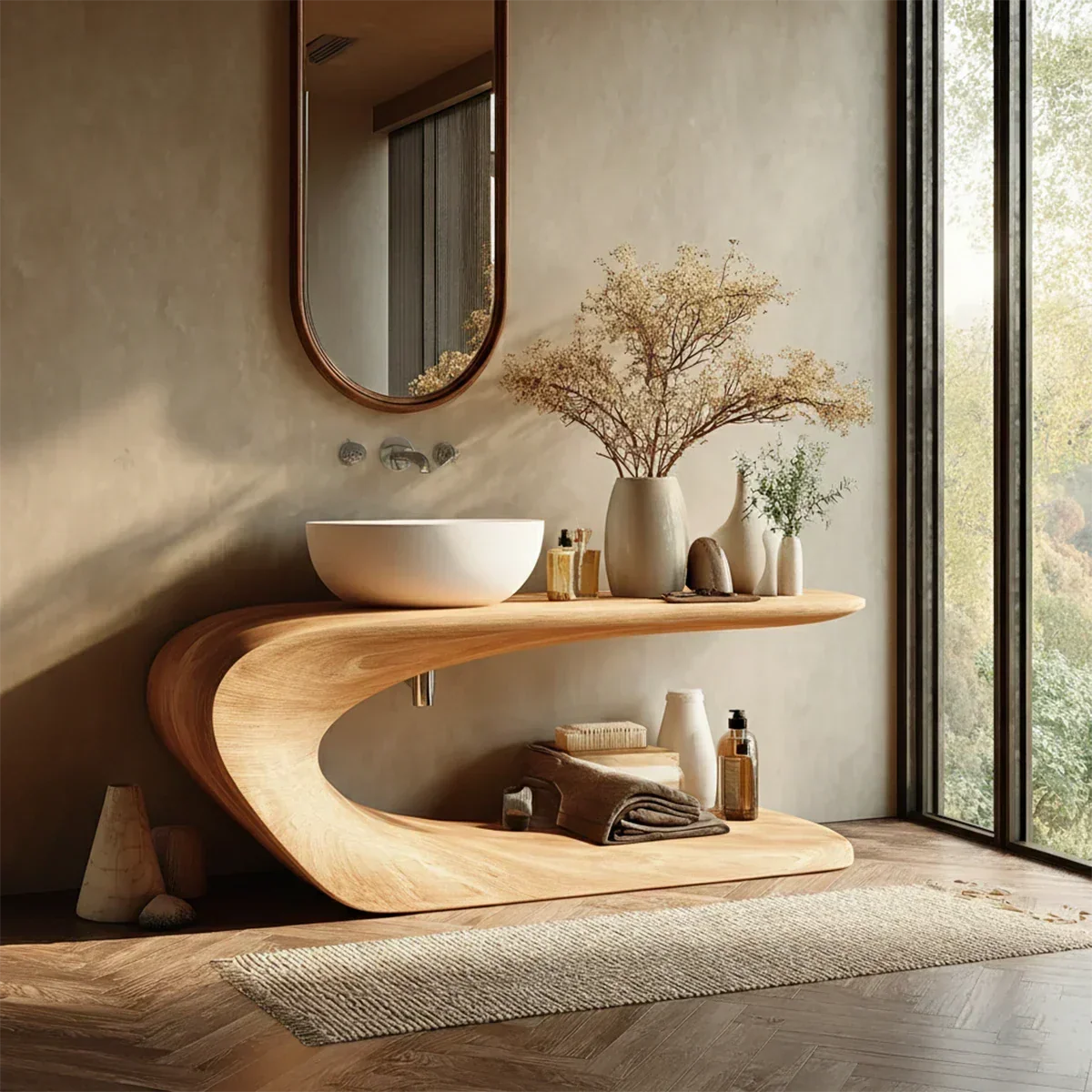 Integrated Shelf Bathroom Vanity Natural Solid Wood Curved Sculptural Form - ArborisWood - 7